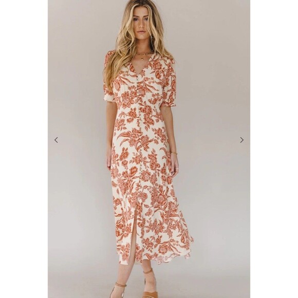 Bohme Tiered Button Midi Dress XS Boho Prairie Short Sleeve Cottagecore Feminine - Picture 1 of 16